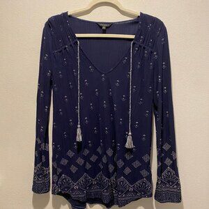 Lucky Brand Navy and White Patterened Blouse, Size Medium